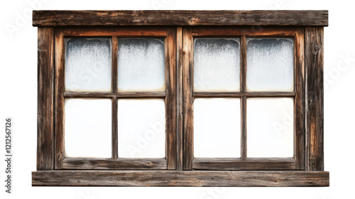 Weathered wooden window frame, rustic design, frosted glass panes, vintage architecture, historic building, old window , isolated on transparent background photo