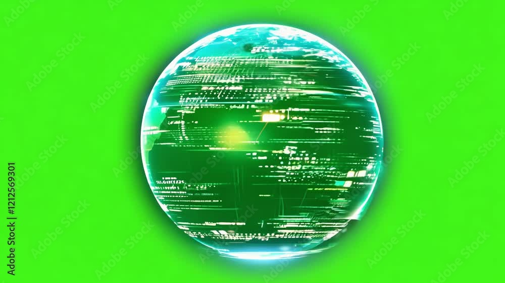 A rotating orb depicting glowing information set before an eyecatching green setting. Green screen chromakey.