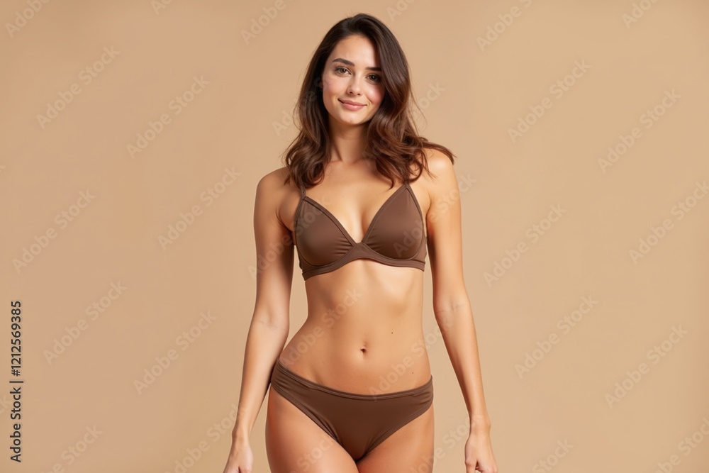 Stylish Young Woman Posing in Elegant Brown Lingerie Against a Neutral Background for Fashion and Beauty Promotions Stylish Young Woman Posing in Elegant Brown Lingerie Against a Neutral Background for Fashion and Beauty Promotions