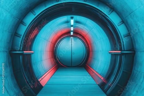 Quantum Computing: The future of cybersecurity . Futuristic tunnel with vibrant blue and red lighting. photo