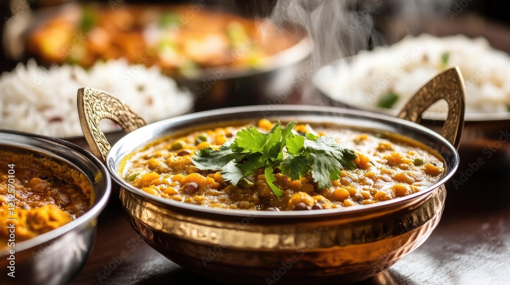 A close-up of a steaming bowl of fragrant lentil dal, served with basmati rice and garnished with fresh cilantro, highlighting the richness of Indian cuisine.