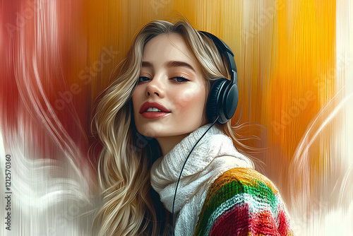 A portrait of a young woman with headphones on, immersed in music. Her facial expression conveys tranquility and enjoyment from the melodies she’s hearing. This scene embodies the harmony between a pe photo