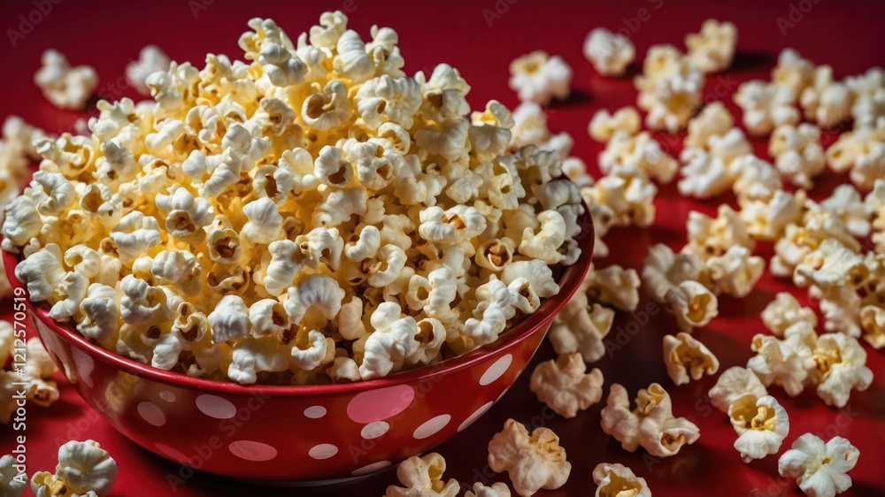 A bowl filled with popcorn surrounded by scattered pieces on a red background. A bowl filled with popcorn surrounded by scattered pieces on a red background.