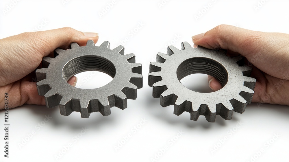 Two hands hold interlocking gears that mesh perfectly together, showcasing the harmony of engineering. This representation of mechanics highlights teamwork and innovation in motion Two hands hold interlocking gears that mesh perfectly together, showcasing the harmony of engineering. This representation of mechanics highlights teamwork and innovation in motion