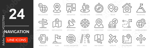 Navigation thin line icon set. Determining geographic location, route planning, and spatial orientation. Geolocation, pinpoint, map, road, compass, check point, GPS - stock vector.