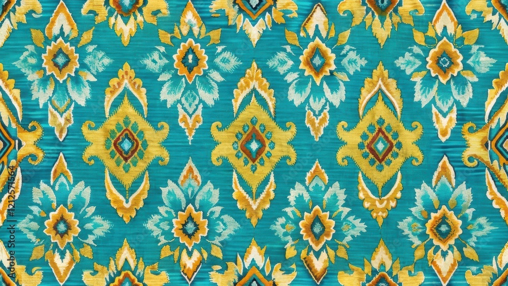 A vibrant turquoise fabric featuring intricate floral and diamond patterns in yellow and white, perfect for upholstery or decor. A vibrant turquoise fabric featuring intricate floral and diamond patterns in yellow and white, perfect for upholstery or decor.