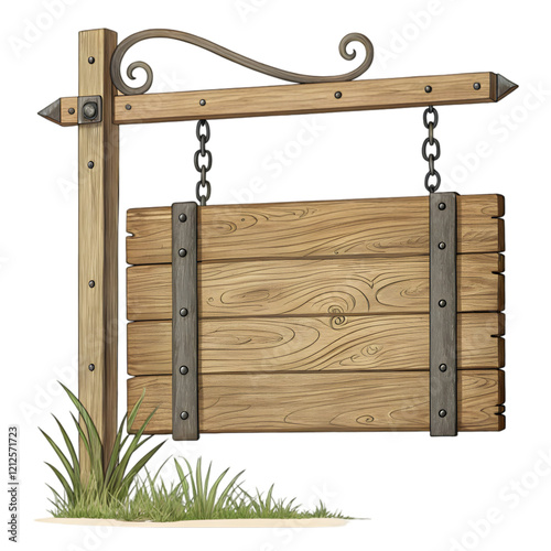 Wooden rectangular sign with metal border and chains