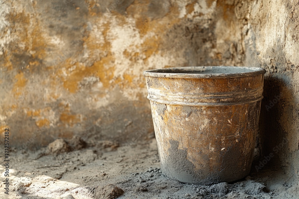 A plastic bucket sitting on the ground next to a wall, ready for use A plastic bucket sitting on the ground next to a wall, ready for use