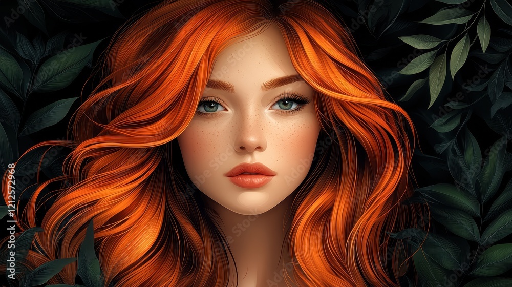 Obraz premium Close-up Portrait of a Woman with Vibrant Red Hair and Freckles Surrounded by Lush Green Foliage, Capturing Intricate Details and Expressions with Soft Lighting