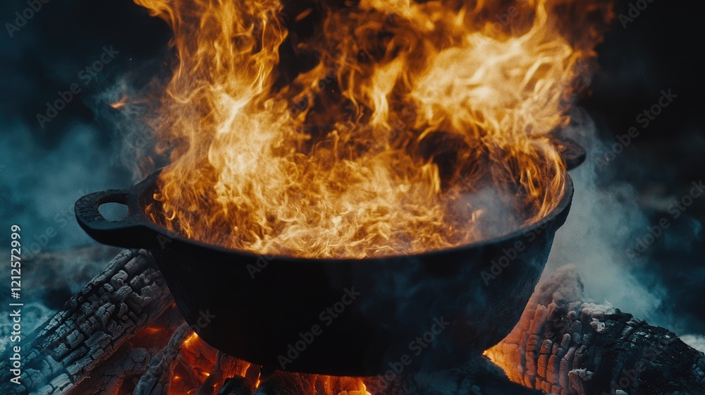A close-up shot of a traditional cast iron pot on a campfire, with flames dancing around it, capturing the essence of outdoor cooking and adventure. A close-up shot of a traditional cast iron pot on a campfire, with flames dancing around it, capturing the essence of outdoor cooking and adventure.