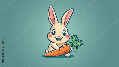 Cute cartoon bunny holding a big carrot with a joyful expression on plain backdrop photo