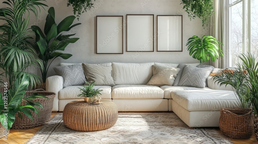 Modern Living Room Interior Design with White Sectional Sofa Plants and Woven Decor Modern Living Room Interior Design with White Sectional Sofa Plants and Woven Decor
