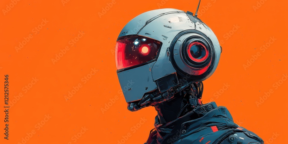 Fototapeta premium Futuristic Humanoid Robot with Streamlined Design and Illuminated Eye Against a Vibrant Orange Backdrop Showcasing Advanced Robotic Technology Concepts