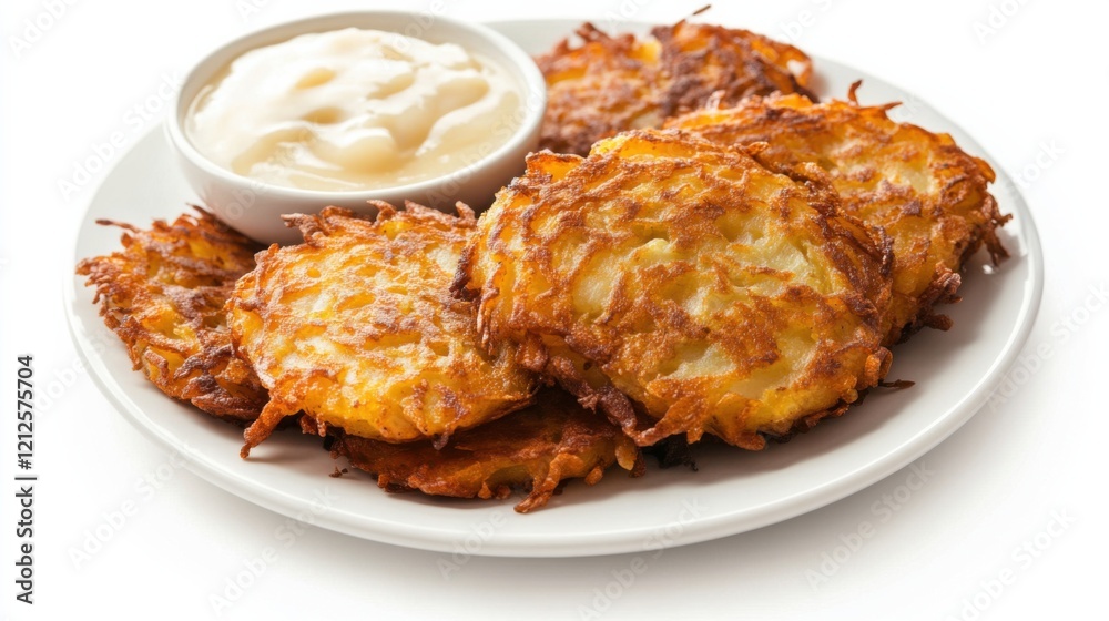 A plate of savory potato latkes served with applesauce and sour cream, Each latke golden-brown and crispy on the outside, fluffy and tender on the inside A plate of savory potato latkes served with applesauce and sour cream, Each latke golden-brown and crispy on the outside, fluffy and tender on the inside
