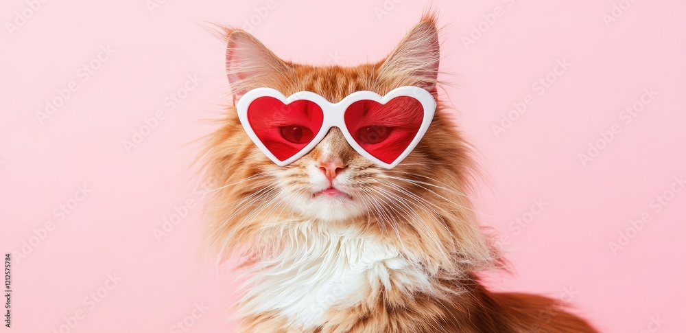 Portrait of a cute ginger cat wearing red heart-shaped glasses, isolated on a pastel pink background. A humorous and charming concept for Valentine's Day, evoking love, romance, and joyful celebration