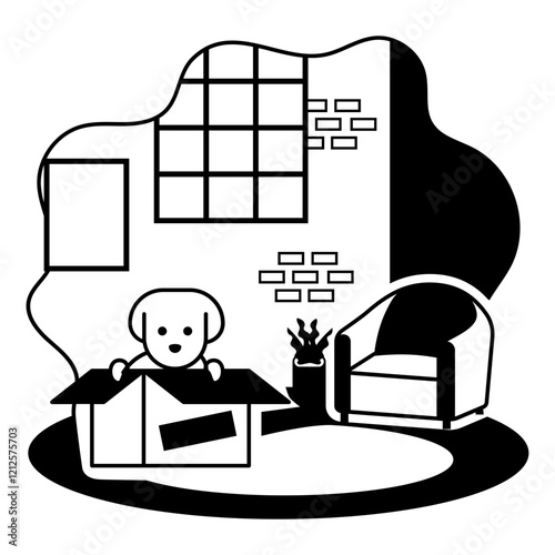 Kitty exploring its new surroundings with wide-eyed wonder vector, Pet foster hotel Symbol kennel animals Sign, Human-animal interaction illustration, Newly Adopted Pet Doggy coming out of Box concept