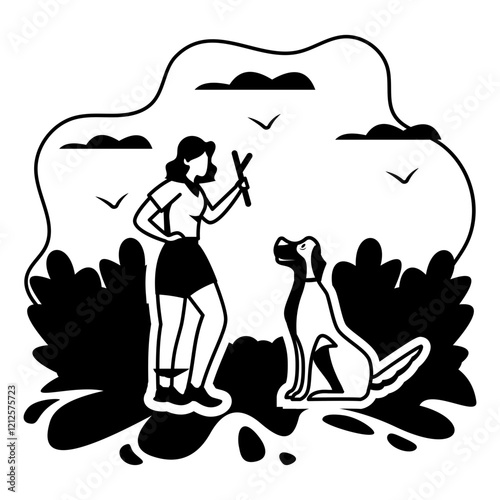 Puppy getting positive reinforcement instruction vector design, Pet foster hotel Symbol, kennel animals Human-animal interaction illustration, Girl Giving Motivating operations Training to Dog concept