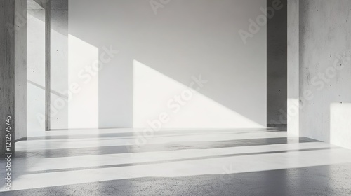 3D rendering of an empty room with concrete walls and a white wall in the center