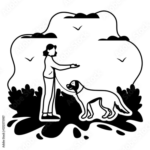 Girl teaching sit, stay, come, down, and leave it vector design, Pet foster hotel Symbol, kennel animals Sign, Human-animal interaction illustration, dog behaviourist Giving obedience training concept