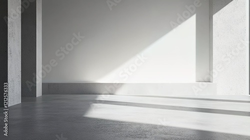 3D rendering of an empty room with concrete walls and a white wall in the center