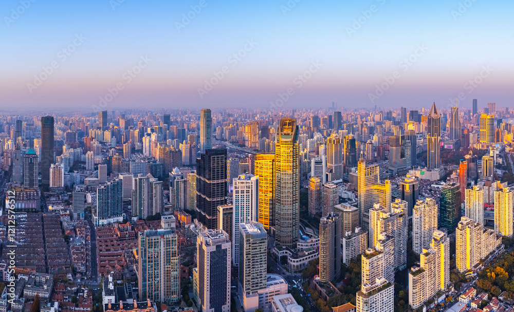 Fototapeta premium Aerial View of Shanghai skyline at sunset in autumn