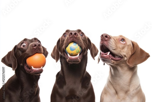 Three happy dogs playing together with a ball, great for pet or family themes photo