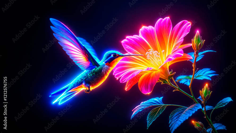 Fototapeta premium bright hummingbird bird over a flower on a dark background