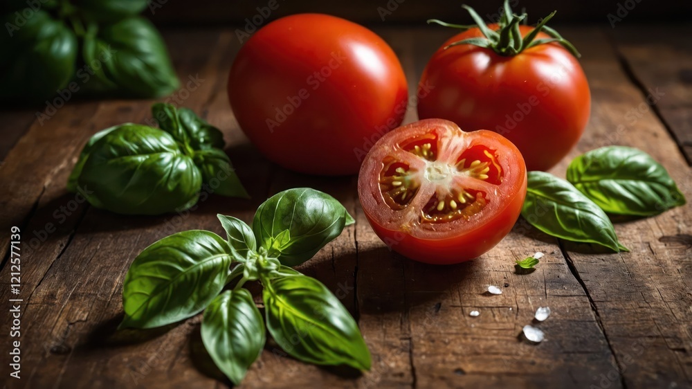 Fresh tomatoes and basil on a wooden surface, highlighting natural ingredients for cooking. Fresh tomatoes and basil on a wooden surface, highlighting natural ingredients for cooking.