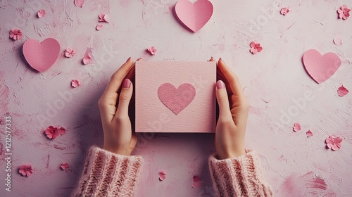 Valentine Hearts concept. Woman Holding Pink Valentine's Day Card.