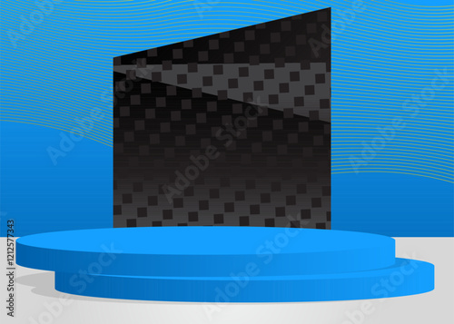 Simple Yellow, Blue, White and Black abstract product display. Realistic vector 3D room, cylinder pedestal podium. Stage showcase for presentation. Futuristic Sci-fi minimal geometric forms, empty sce