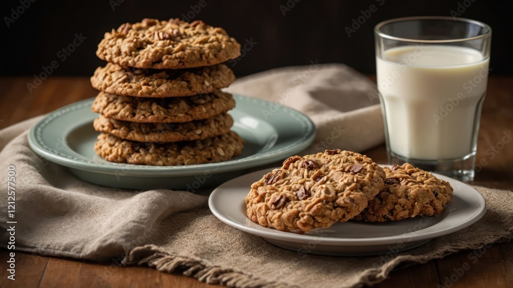A stack of oatmeal cookies with a glass of milk on a rustic table. A stack of oatmeal cookies with a glass of milk on a rustic table.