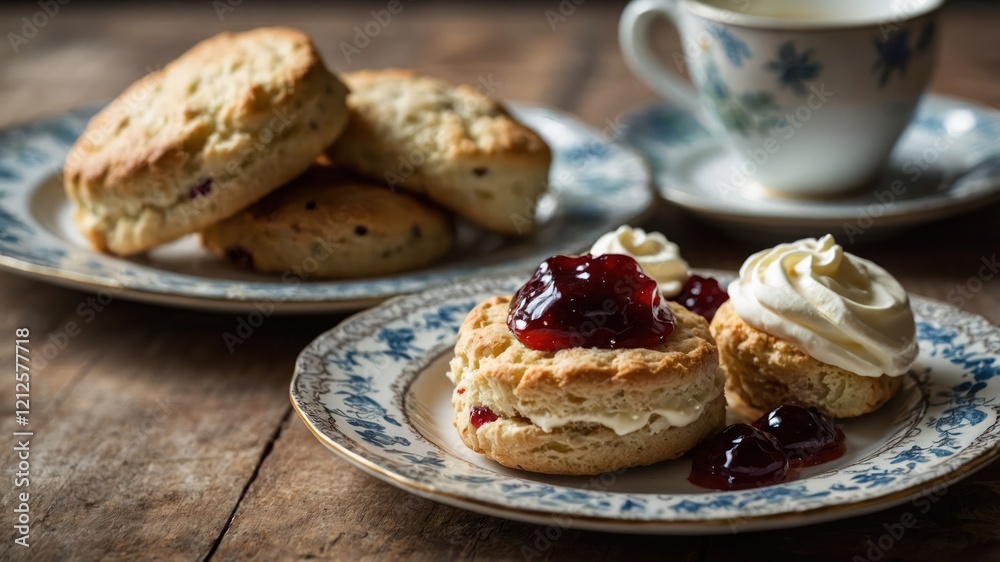 A cozy display of scones with cream and jam, accompanied by a cup of tea. A cozy display of scones with cream and jam, accompanied by a cup of tea.