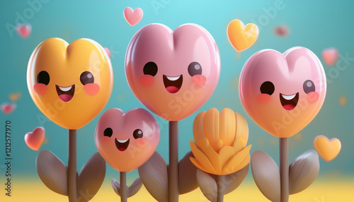 3D Flowers in Heart Shape, Valentine's Day, Pastel Colors, Romantic Design, Kawaii