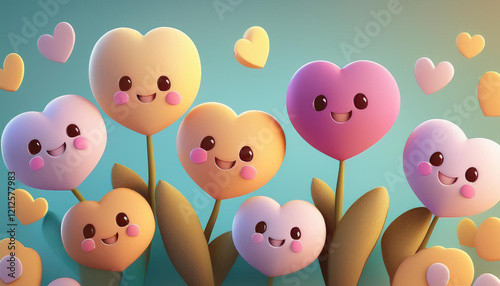 3D Flowers in Heart Shape, Valentine's Day, Pastel Colors, Romantic Design, Kawaii
