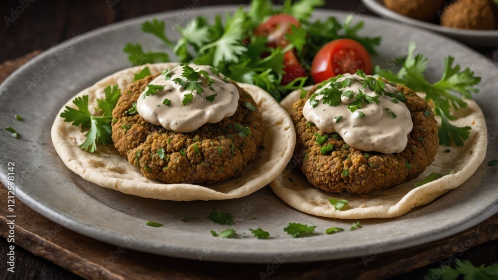 Two falafel patties on pita with sauce and garnishes, served with fresh salad. Two falafel patties on pita with sauce and garnishes, served with fresh salad.