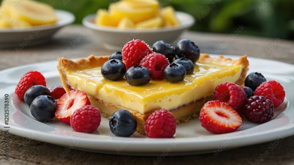 A slice of tart topped with berries, served on a plate, showcasing vibrant colors and textures. A slice of tart topped with berries, served on a plate, showcasing vibrant colors and textures.