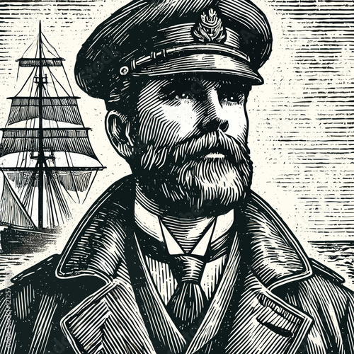 Sea captain with ship in vintage woodcut style