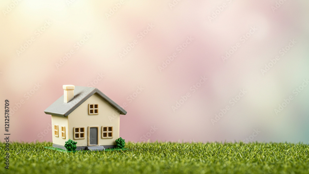 Copy space of home and life concept. Small model home on green grass with sunlight abstract background Copy space of home and life concept. Small model home on green grass with sunlight abstract background