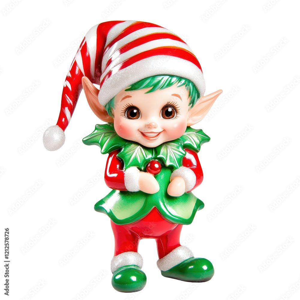 Small elf figurine holding a candy cane in a festive holiday setting on a wooden table isolated on transparent background. Small elf figurine holding a candy cane in a festive holiday setting on a wooden table isolated on transparent background.