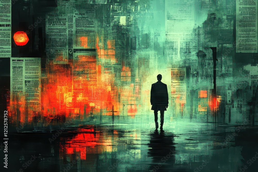 Solitary Figure Walking Through a Surreal Urban Landscape with Neon Lights and Abstract Newspaper Collage at Nighttime