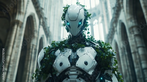 Cyborg in Cathedral Decorated with Flowers
