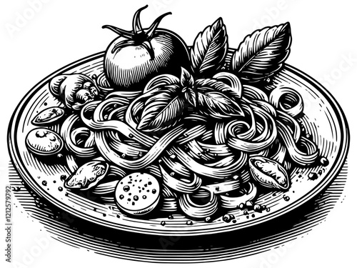 Seafood Pasta engraving sketch vector illustration