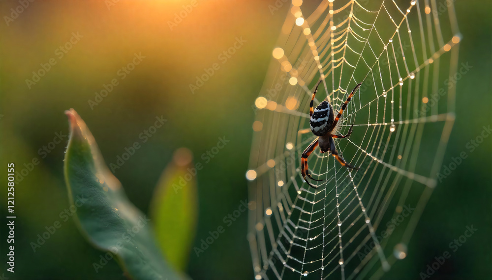 Spider on Dew Covered Web at Sunrise Nature Macro Photography Spider on Dew Covered Web at Sunrise Nature Macro Photography