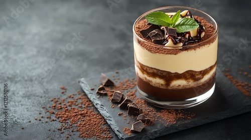 Wallpaper Mural Classic tiramisu dessert in glass with whipped cream and chocolate on dark background Torontodigital.ca