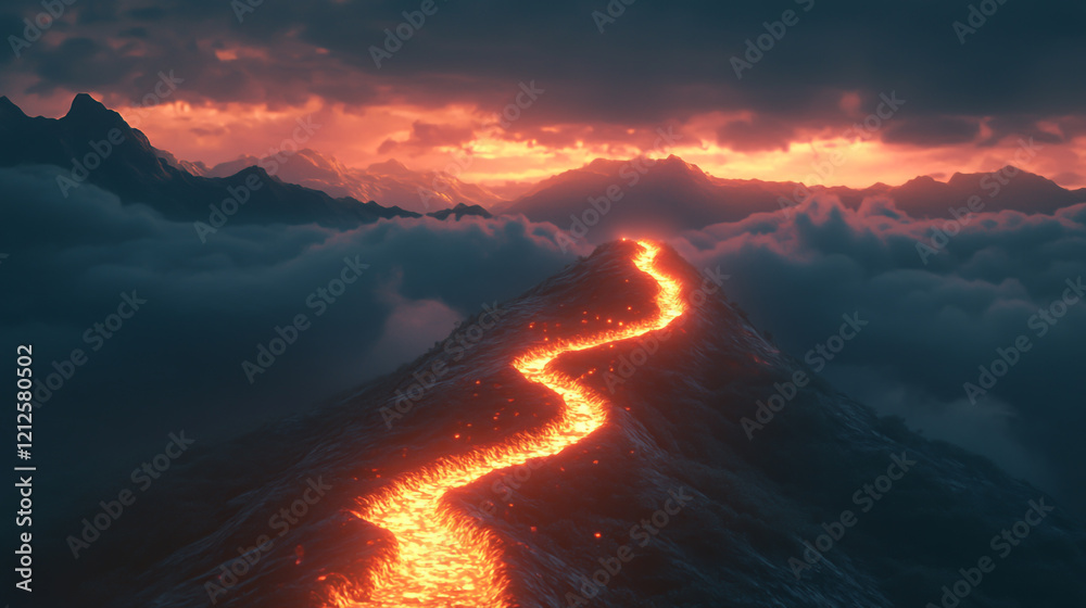 Naklejka premium Glowing Light Path Leading Up a Mountain, Symbolizing Achievement and Growth – Generative AI Illustration, Inspiring Journey, Personal Development, Visionary Future.