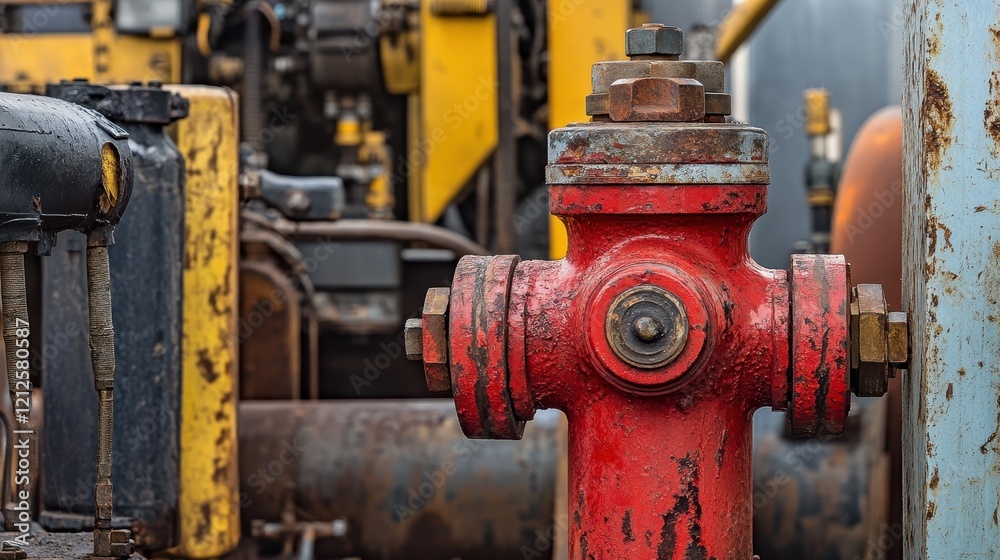 Industrial fire hydrant close-up, red and weathered, surrounded by heavy-duty machinery. Industrial fire hydrant close-up, red and weathered, surrounded by heavy-duty machinery.