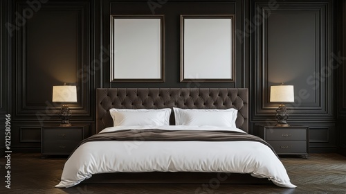 Luxurious Dark Bedroom Interior Design with Elegant Bed and Mockup Frames