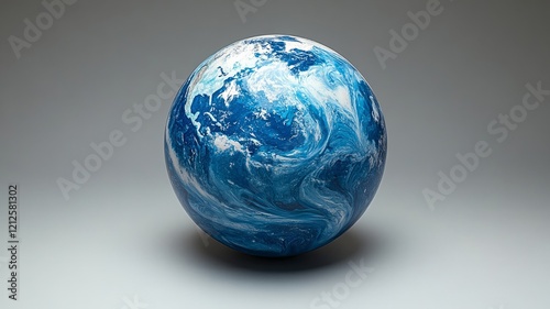 Blue marble globe with intricate white swirls on a neutral base photo