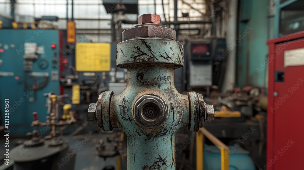Close-up of fire hydrant nozzle with scratches, surrounded by industrial equipment. Close-up of fire hydrant nozzle with scratches, surrounded by industrial equipment.