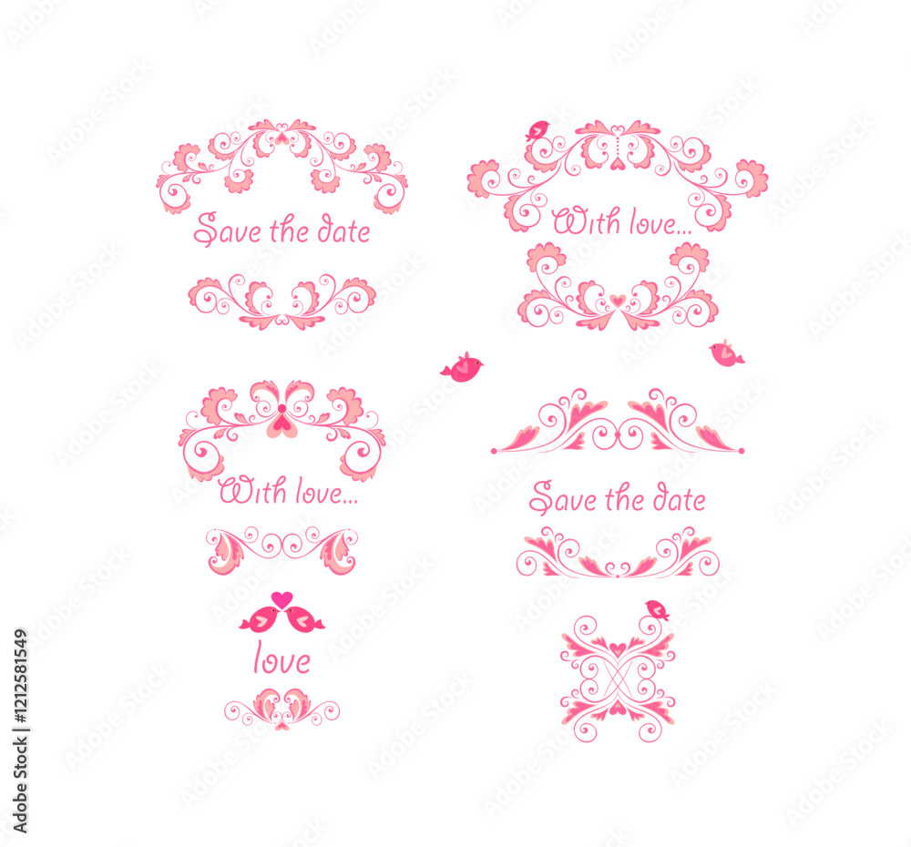 Φωτογραφία Beautiful pink floral decorative borders and frames set for fashion embroidery, baby girl arrival greeting card, book headers or wedding invitation